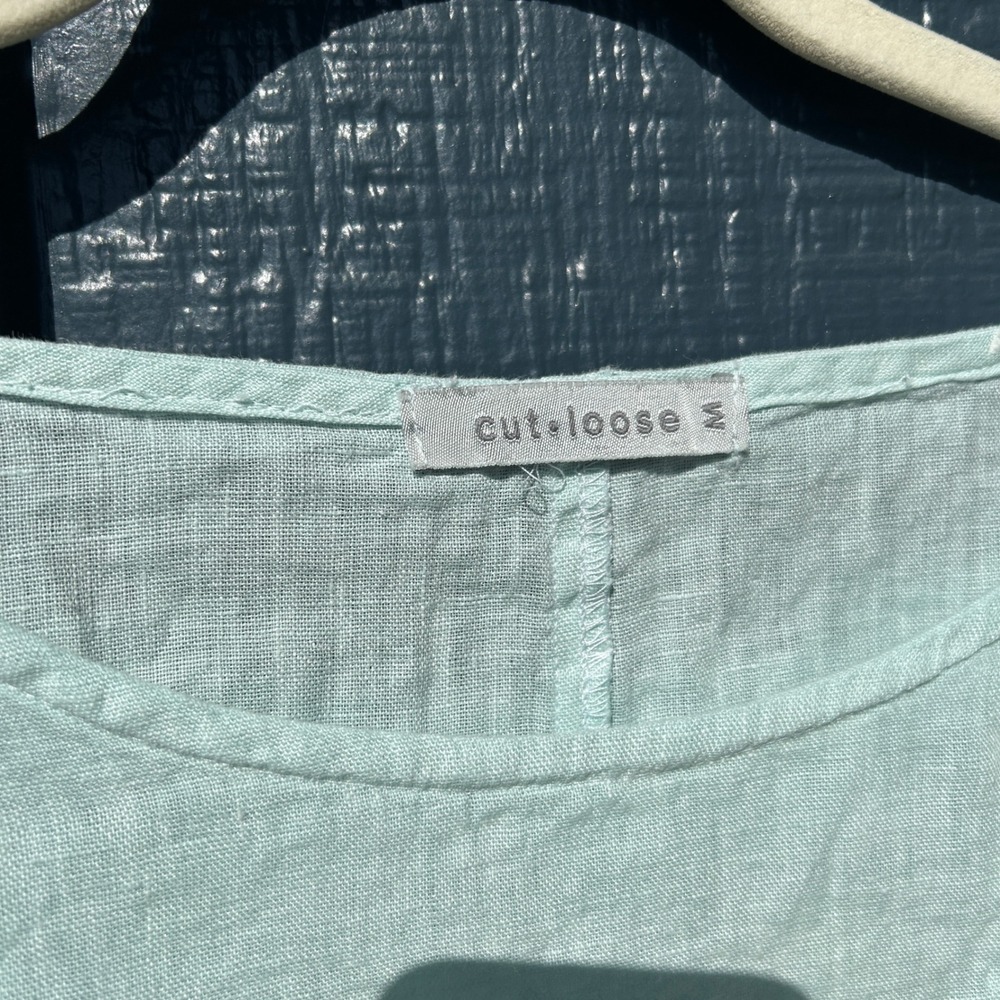 Cut Loose Womens Linen Tunic Top Aqua Blue 3/4 Sleeve Pocket Shell Button Size M - Picture 5 of 5